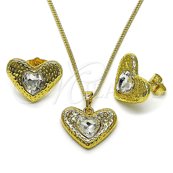 Juego de Arete y Dije de Adulto 10.379.0091 Oro Laminado, Diseño de Corazón, con Blanca Cristal, Pulido, Tono Dorado