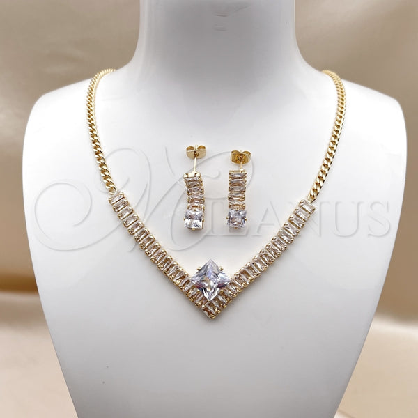 Collar y Dije 06.282.0005 Oro Laminado, Diseño de Baguette y Miami Cubana, con Blanca Zirconia Cubica, Pulido, Tono Dorado