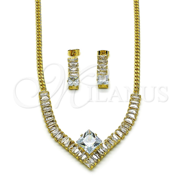 Collar y Dije 06.282.0005 Oro Laminado, Diseño de Baguette y Miami Cubana, con Blanca Zirconia Cubica, Pulido, Tono Dorado