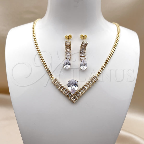 Collar y Dije 06.282.0006 Oro Laminado, Diseño de Baguette y Gota, con Blanca Zirconia Cubica, Pulido, Tono Dorado