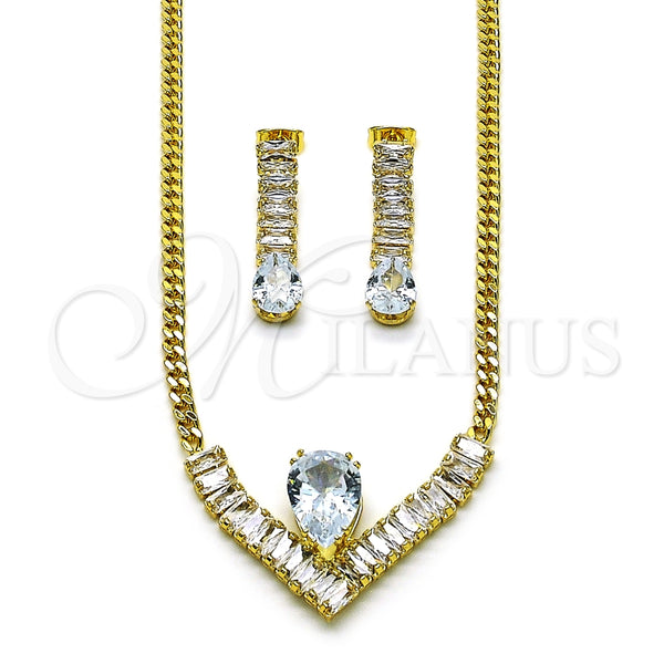 Collar y Dije 06.282.0006 Oro Laminado, Diseño de Baguette y Gota, con Blanca Zirconia Cubica, Pulido, Tono Dorado