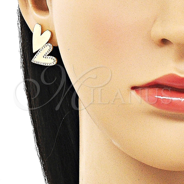 Arete Dormilona 02.204.0053 Oro Laminado, Diseño de Corazón, con Blanca Micro Pave, Pulido, Tono Dorado