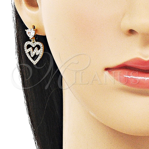 Arete Colgante 02.283.0229 Oro Laminado, Diseño de Corazón, con Blanca Zirconia Cubica, Pulido, Tono Dorado