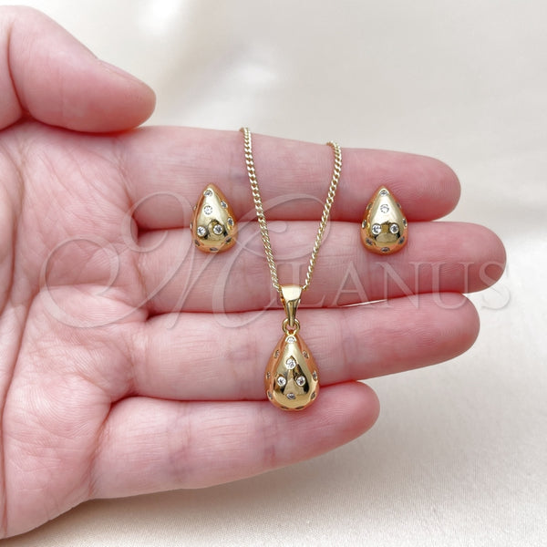 Juego de Arete y Dije de Adulto 10.342.0217 Oro Laminado, Diseño de Gota, con Blanca Zirconia Cubica, Pulido, Tono Dorado