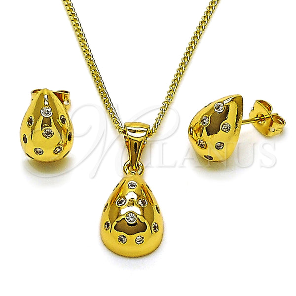 Juego de Arete y Dije de Adulto 10.342.0217 Oro Laminado, Diseño de Gota, con Blanca Zirconia Cubica, Pulido, Tono Dorado