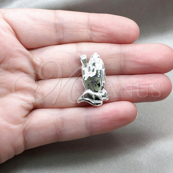 Dije Religioso 05.392.0114 Plata Rodinada, Diseño de Manos de Rogacion, Pulido, Tono Plateado