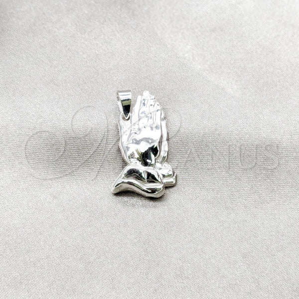 Dije Religioso 05.392.0114 Plata Rodinada, Diseño de Manos de Rogacion, Pulido, Tono Plateado