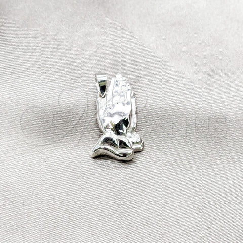 Dije Religioso 05.392.0114 Plata Rodinada, Diseño de Manos de Rogacion, Pulido, Tono Plateado
