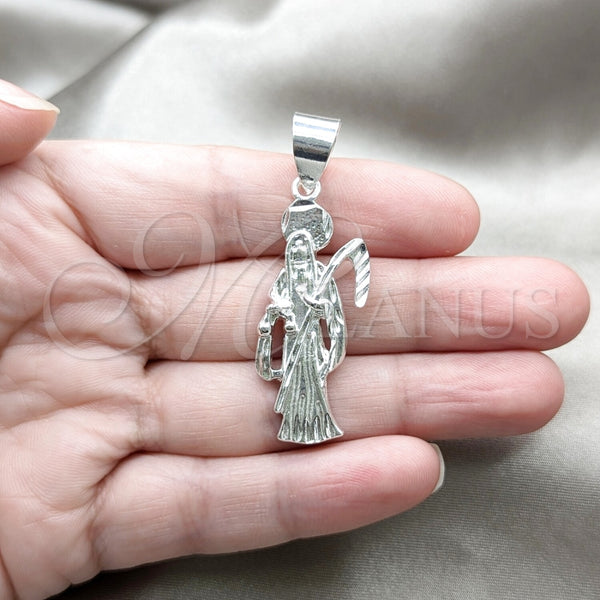 Dije Religioso 05.392.0115 Plata Rodinada, Diseño de Santa Muerte, Pulido, Tono Plateado