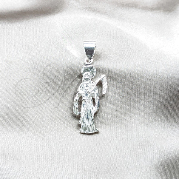 Dije Religioso 05.392.0115 Plata Rodinada, Diseño de Santa Muerte, Pulido, Tono Plateado