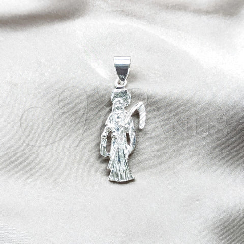 Dije Religioso 05.392.0115 Plata Rodinada, Diseño de Santa Muerte, Pulido, Tono Plateado