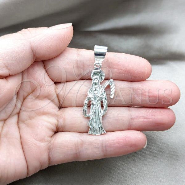 Dije Religioso 05.392.0128 Plata Rodinada, Diseño de Santa Muerte, Pulido, Tono Plateado