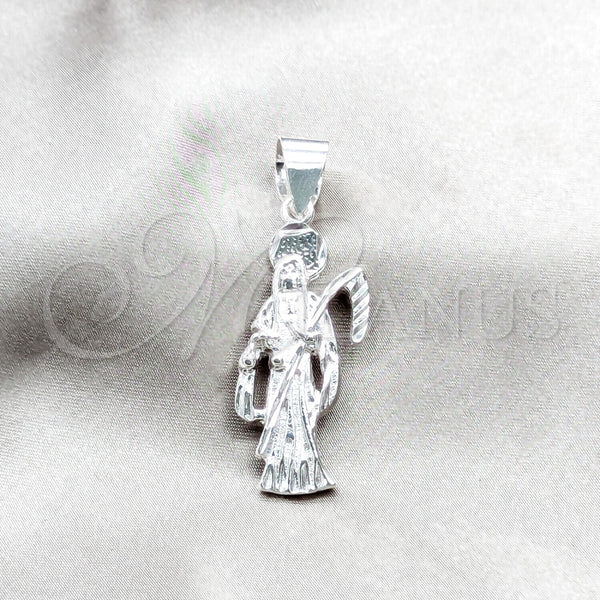 Dije Religioso 05.392.0128 Plata Rodinada, Diseño de Santa Muerte, Pulido, Tono Plateado