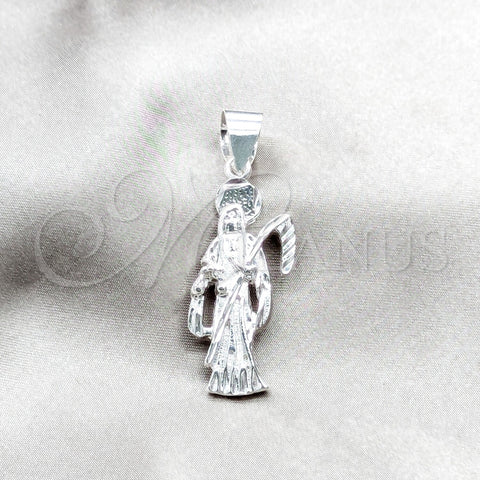 Dije Religioso 05.392.0128 Plata Rodinada, Diseño de Santa Muerte, Pulido, Tono Plateado