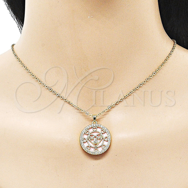Dije Elegante 05.423.0001 Oro Laminado, Diseño de Mama y Corazón, con Rosado Madre Perla and Blanca Zirconia Cubica, Pulido, Tono Dorado