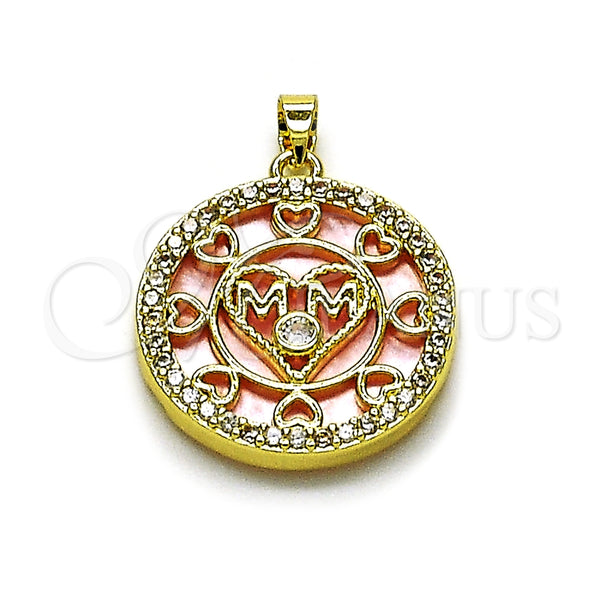 Dije Elegante 05.423.0001 Oro Laminado, Diseño de Mama y Corazón, con Rosado Madre Perla and Blanca Zirconia Cubica, Pulido, Tono Dorado