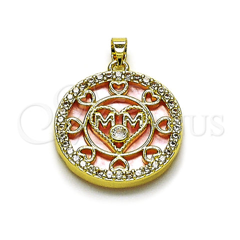 Dije Elegante 05.423.0001 Oro Laminado, Diseño de Mama y Corazón, con Rosado Madre Perla and Blanca Zirconia Cubica, Pulido, Tono Dorado
