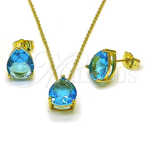 Juego de Arete y Dije de Adulto 10.156.0510 Oro Laminado, Diseño de Gota y Rolo, con Zirconia Cubica Topacio Azul, Pulido, Tono Dorado
