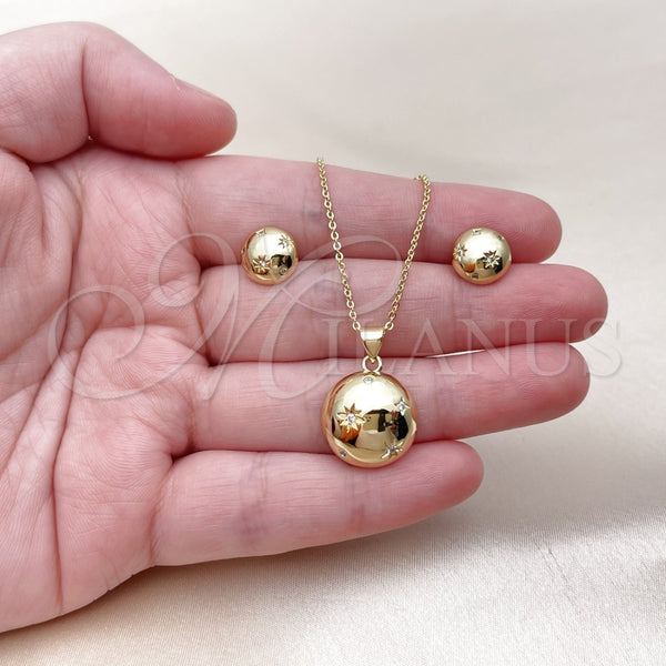 Juego de Arete y Dije de Adulto 10.156.0511 Oro Laminado, Diseño de Sol y Rolo, con Blanca Zirconia Cubica, Pulido, Tono Dorado