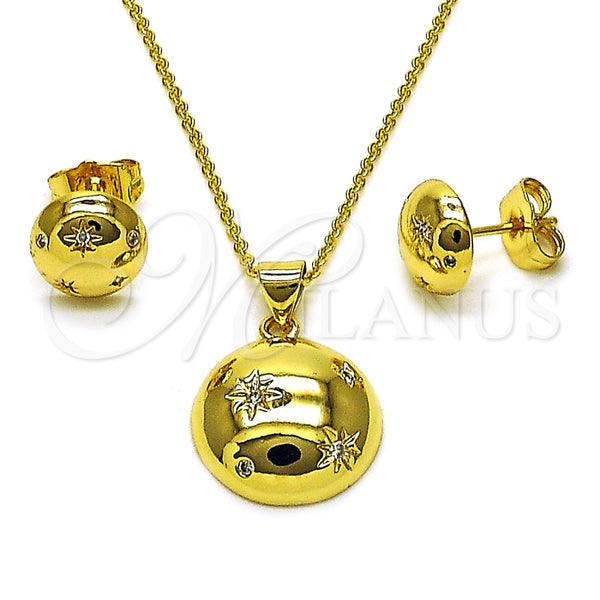 Juego de Arete y Dije de Adulto 10.156.0511 Oro Laminado, Diseño de Sol y Rolo, con Blanca Zirconia Cubica, Pulido, Tono Dorado