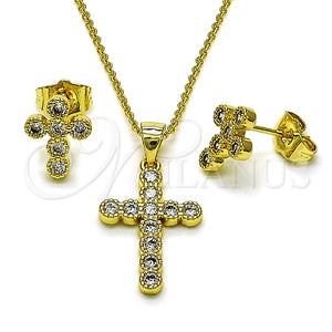 Juego de Arete y Dije de Adulto 10.156.0512 Oro Laminado, Diseño de Cruz y Rolo, con Zirconia Cubica Blanca, Pulido, Tono Dorado