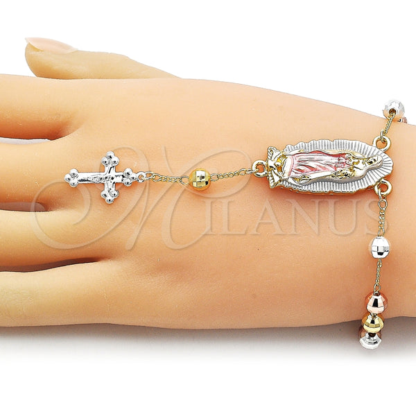 Rosario de Pulsera 09.411.0009.07 Oro Laminado, Diseño de Guadalupe y Cruz, Diamantado, Tres Tonos