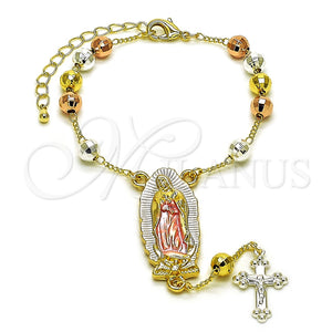 Rosario de Pulsera 09.411.0009.07 Oro Laminado, Diseño de Guadalupe y Cruz, Diamantado, Tres Tonos