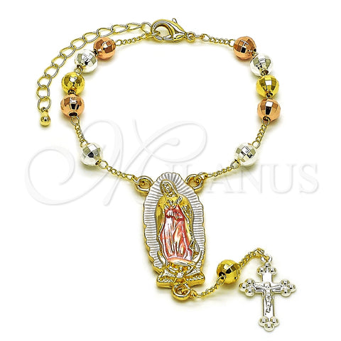 Rosario de Pulsera 09.411.0009.07 Oro Laminado, Diseño de Guadalupe y Cruz, Diamantado, Tres Tonos