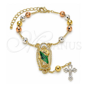 Rosario de Pulsera 09.411.0010.07 Oro Laminado, Diseño de San Judas y Cruz, Diamantado, Tres Tonos