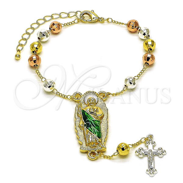 Rosario de Pulsera 09.411.0010.07 Oro Laminado, Diseño de San Judas y Cruz, Diamantado, Tres Tonos