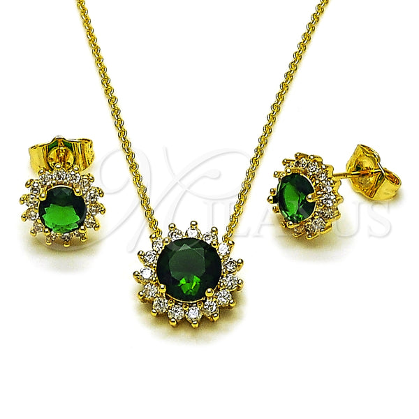 Juego de Arete y Dije de Adulto 10.156.0517 Oro Laminado, Diseño de Cluster, con Verde and Blanca Zirconia Cubica, Pulido, Tono Dorado