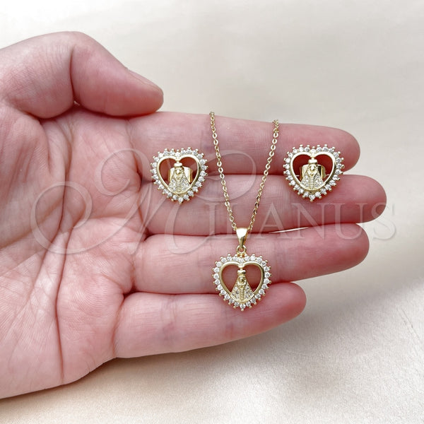 Juego de Arete y Dije de Adulto 10.156.0521 Oro Laminado, Diseño de Corazón y Guadalupe, con Blanca Zirconia Cubica and Blanca Micro Pave, Pulido, Tono Dorado