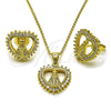 Juego de Arete y Dije de Adulto 10.156.0521 Oro Laminado, Diseño de Corazón y Guadalupe, con Blanca Zirconia Cubica and Blanca Micro Pave, Pulido, Tono Dorado