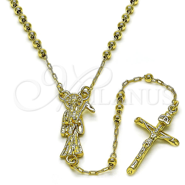 Rosario Fino 09.213.0053.18 Oro Laminado, Diseño de Santa Muerte y Crucifijo, Pulido, Tono Dorado