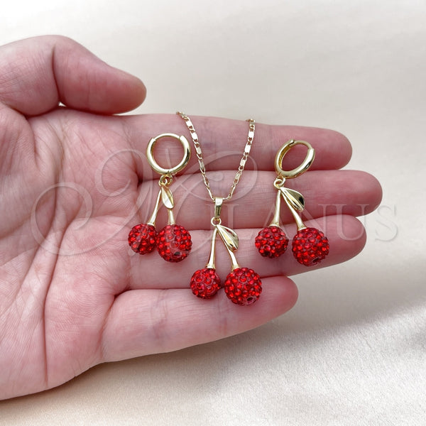 Juego de Arete y Dije de Adulto 10.411.0009 Oro Laminado, Diseño de Cereza, con Granate Cristal, Pulido, Tono Dorado