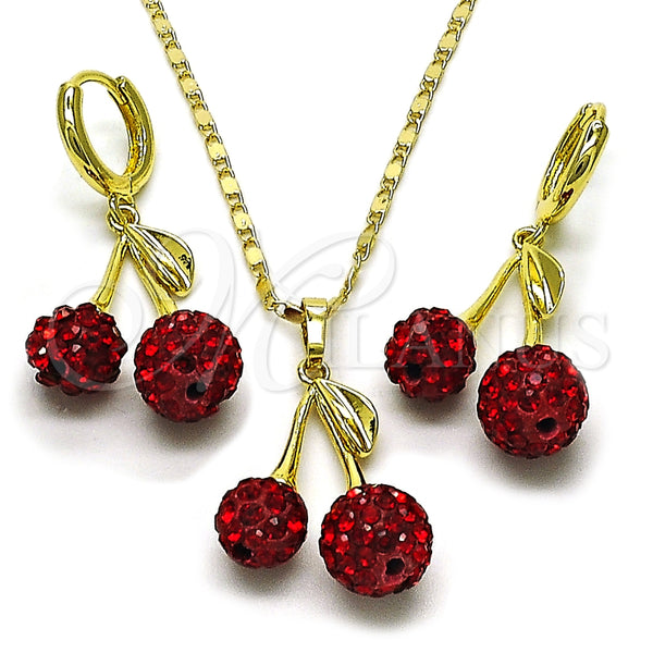 Juego de Arete y Dije de Adulto 10.411.0009 Oro Laminado, Diseño de Cereza, con Granate Cristal, Pulido, Tono Dorado