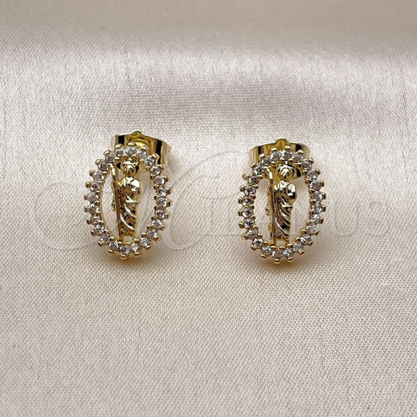 Arete Dormilona 02.156.0706 Oro Laminado, Diseño de San Judas, con Blanca Zirconia Cubica, Pulido, Tono Dorado