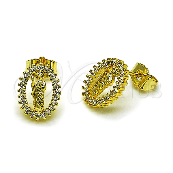 Arete Dormilona 02.156.0706 Oro Laminado, Diseño de San Judas, con Blanca Zirconia Cubica, Pulido, Tono Dorado