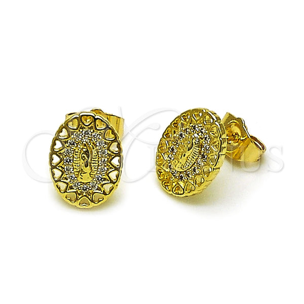 Arete Dormilona 02.156.0707 Oro Laminado, Diseño de Guadalupe y Corazón, con Blanca Micro Pave, Pulido, Tono Dorado