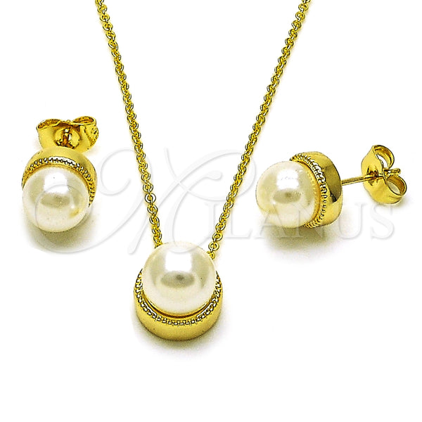 Juego de Arete y Dije de Adulto 10.156.0528 Oro Laminado, Diseño de Bola, con Marfil Madre Perla, Pulido, Tono Dorado