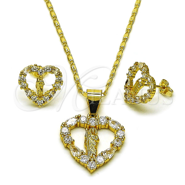 Juego de Arete y Dije de Adulto 10.411.0011 Oro Laminado, Diseño de Corazón y San Judas, con Blanca Zirconia Cubica, Pulido, Tono Dorado