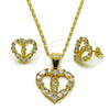 Juego de Arete y Dije de Adulto 10.411.0011 Oro Laminado, Diseño de Corazón y San Judas, con Blanca Zirconia Cubica, Pulido, Tono Dorado