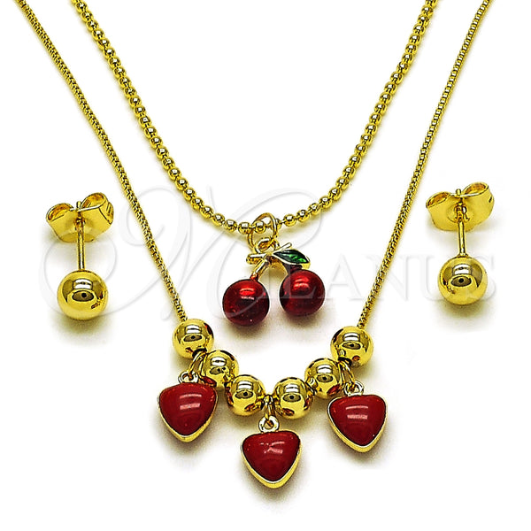 Collar y Dije 06.417.0019 Oro Laminado, Diseño de Cereza y Corazón, Esmaltado Rojo, Tono Dorado