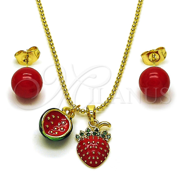 Collar y Dije 06.417.0020 Oro Laminado, Diseño de Fresa y Sandia, Esmaltado Rojo, Tono Dorado