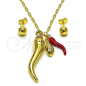 Collar y Dije 06.417.0022 Oro Laminado, Diseño de Chili y Paperclip, Esmaltado Rojo, Tono Dorado