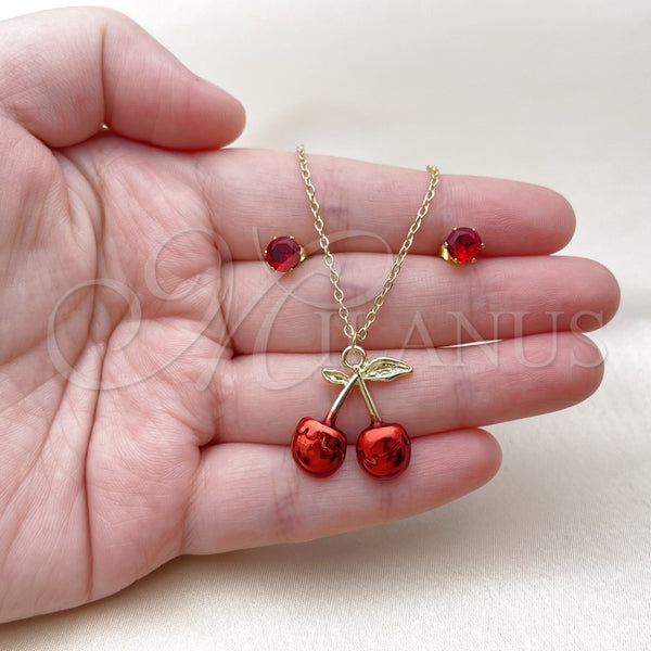 Juego de Arete y Dije de Adulto 10.417.0016 Oro Laminado, Diseño de Cereza, con Granate Zirconia Cubica, Esmaltado Rojo, Tono Dorado