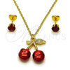Juego de Arete y Dije de Adulto 10.417.0016 Oro Laminado, Diseño de Cereza, con Granate Zirconia Cubica, Esmaltado Rojo, Tono Dorado