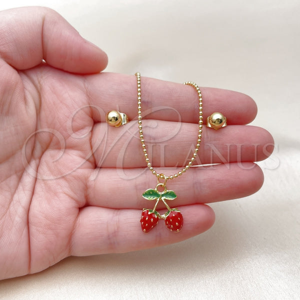 Juego de Arete y Dije de Adulto 10.417.0017 Oro Laminado, Diseño de Fresa y Bola, Esmaltado Rojo, Tono Dorado