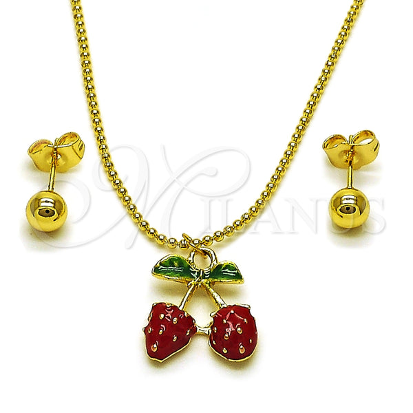 Juego de Arete y Dije de Adulto 10.417.0017 Oro Laminado, Diseño de Fresa y Bola, Esmaltado Rojo, Tono Dorado