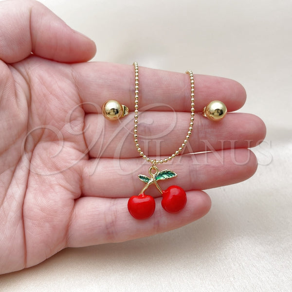 Juego de Arete y Dije de Adulto 10.417.0018 Oro Laminado, Diseño de Cereza y Bola, Esmaltado Rojo, Tono Dorado